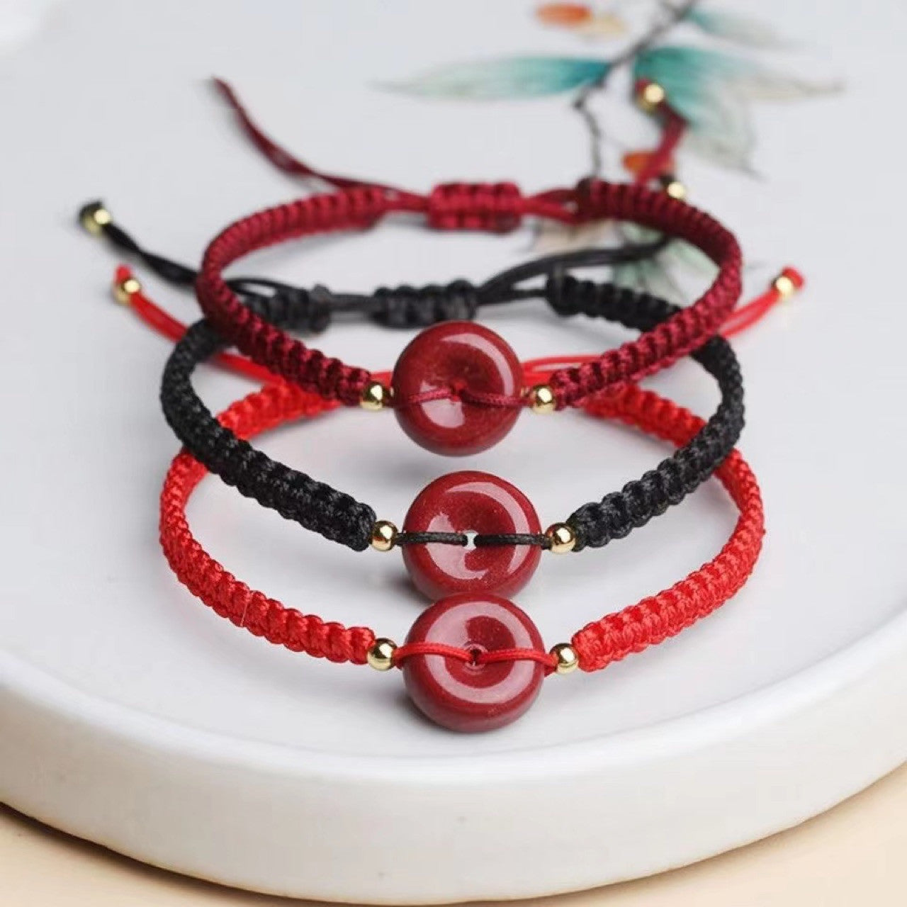Tibetan Couple Bracelet "Robin" in Cinnabar and Red Thread
