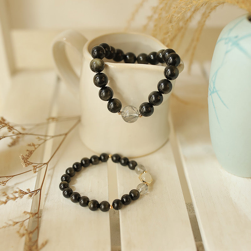 Bracelet Couple en Obsidienne Dorée – Fusion, Argent Plaqué Or