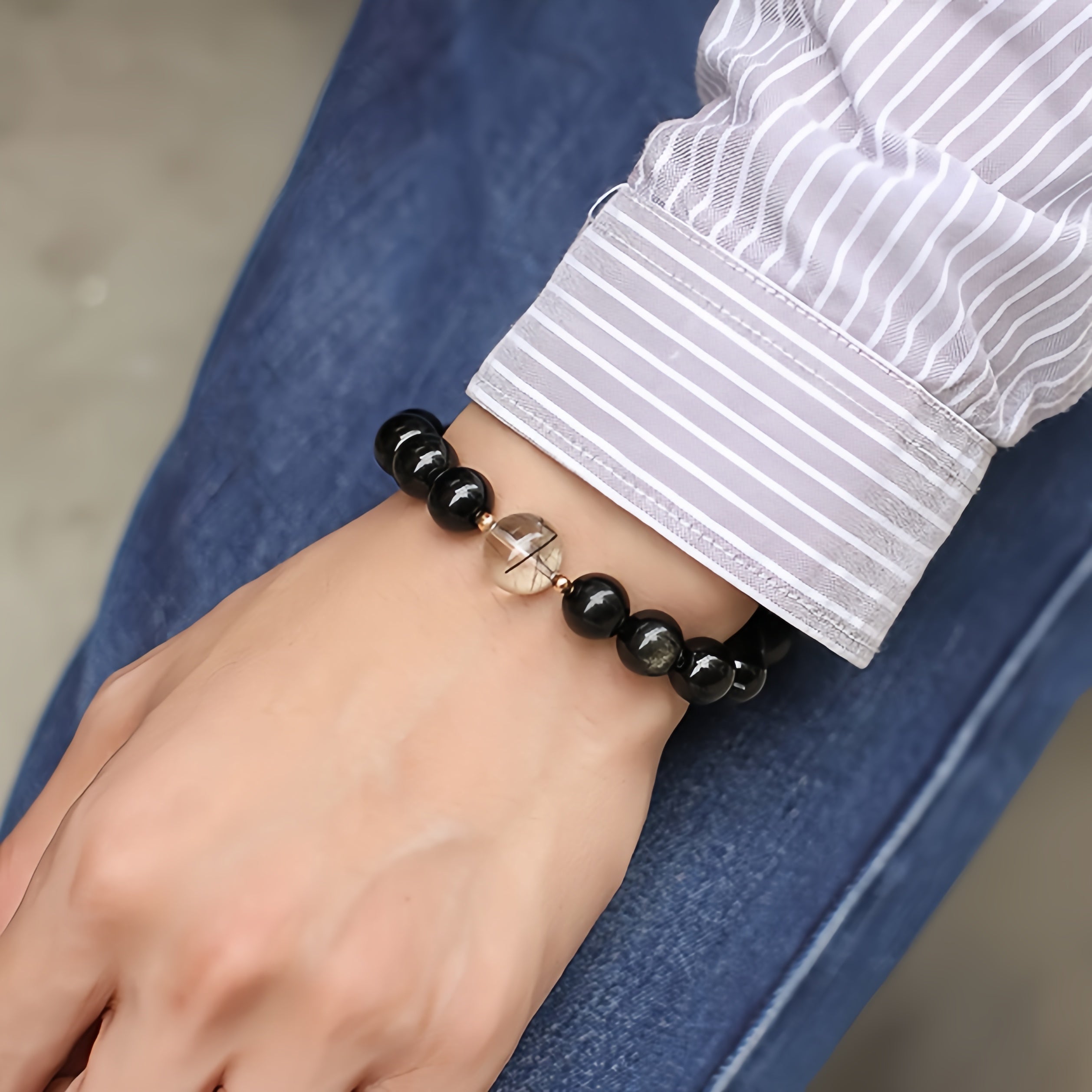 Bracelet Couple en Obsidienne Dorée – Fusion, Argent Plaqué Or