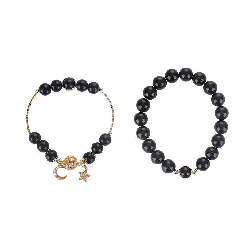 Bracelet Couple Lune et Etoile en Obsidienne – Union Cosmique