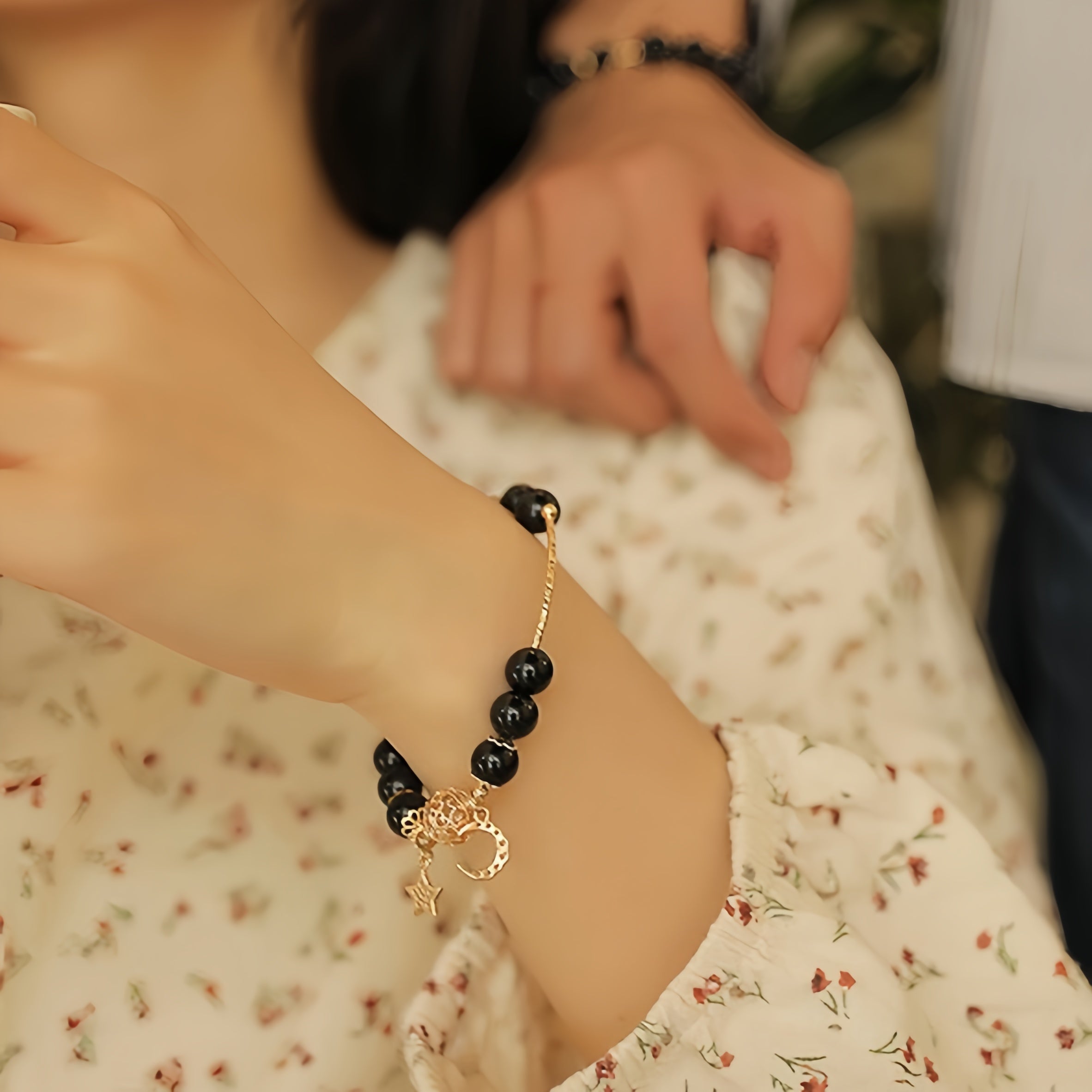 Bracelet Couple Lune et Etoile en Obsidienne – Union Cosmique