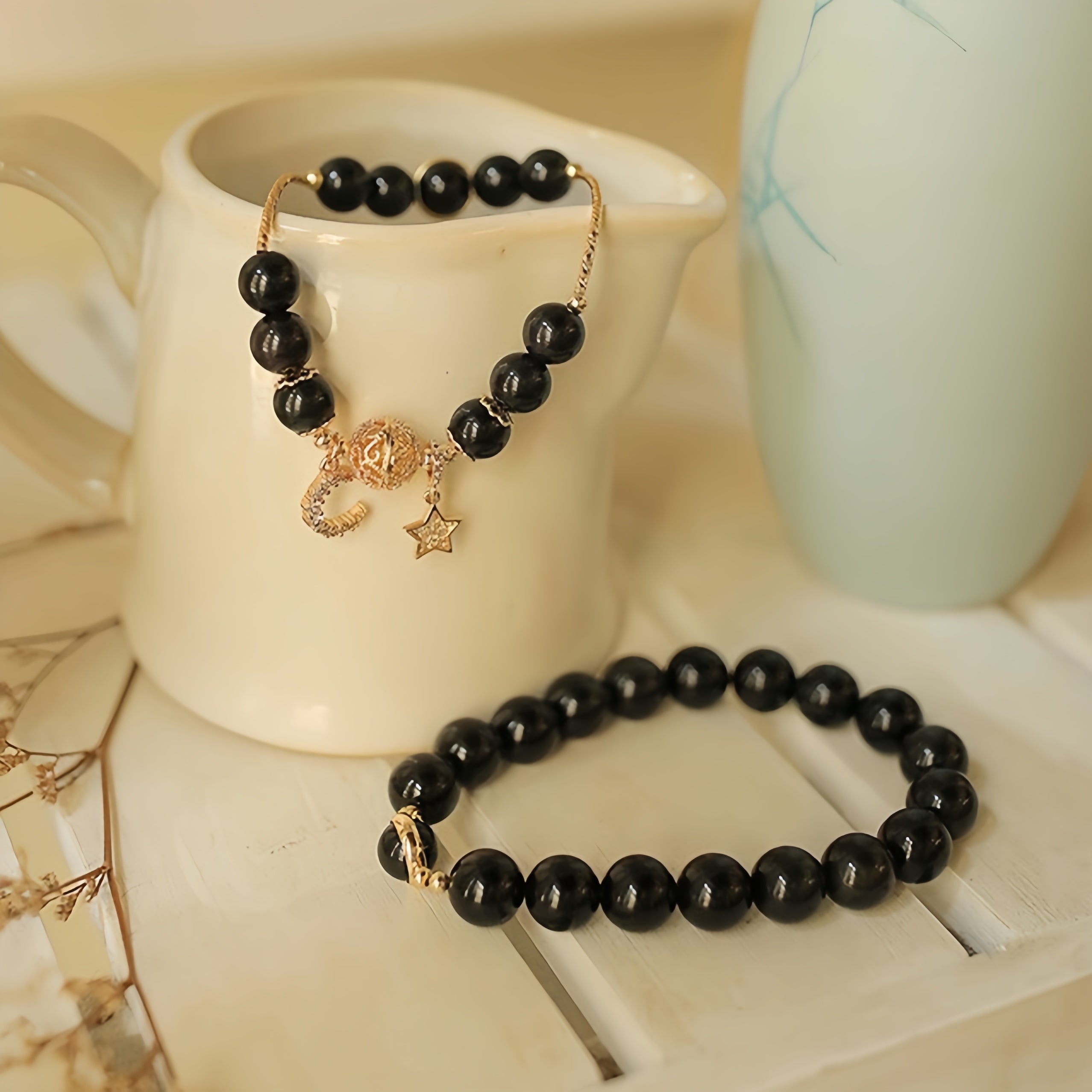 Bracelet Couple Lune et Etoile en Obsidienne – Union Cosmique