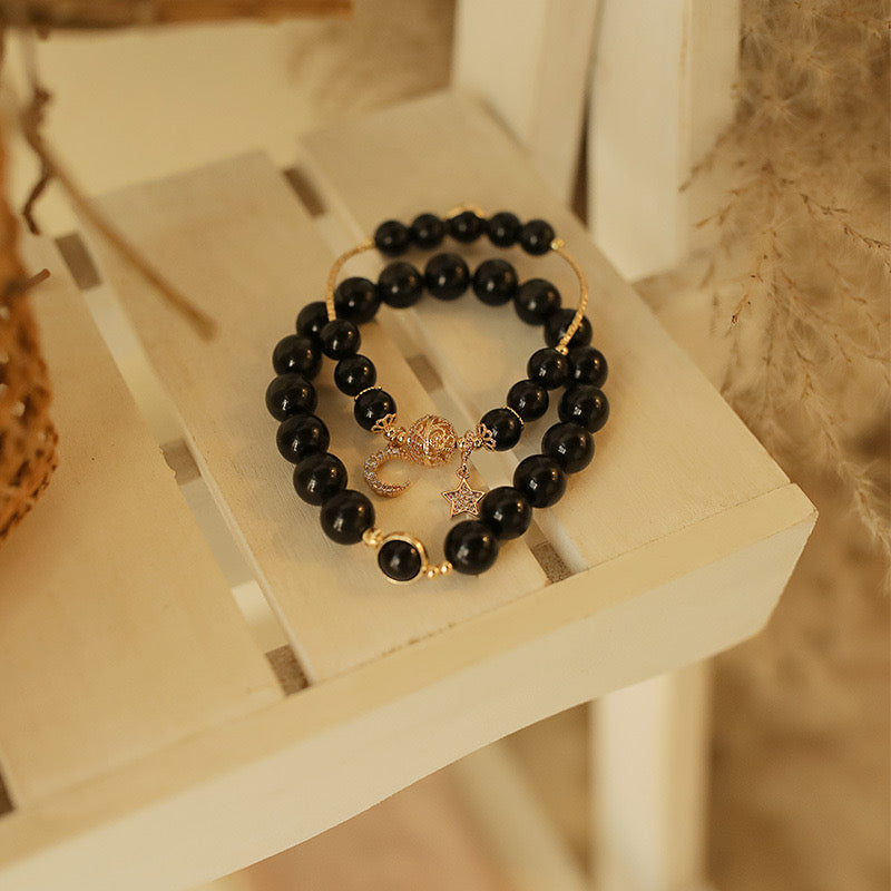 Bracelet Couple Lune et Etoile en Obsidienne – Union Cosmique