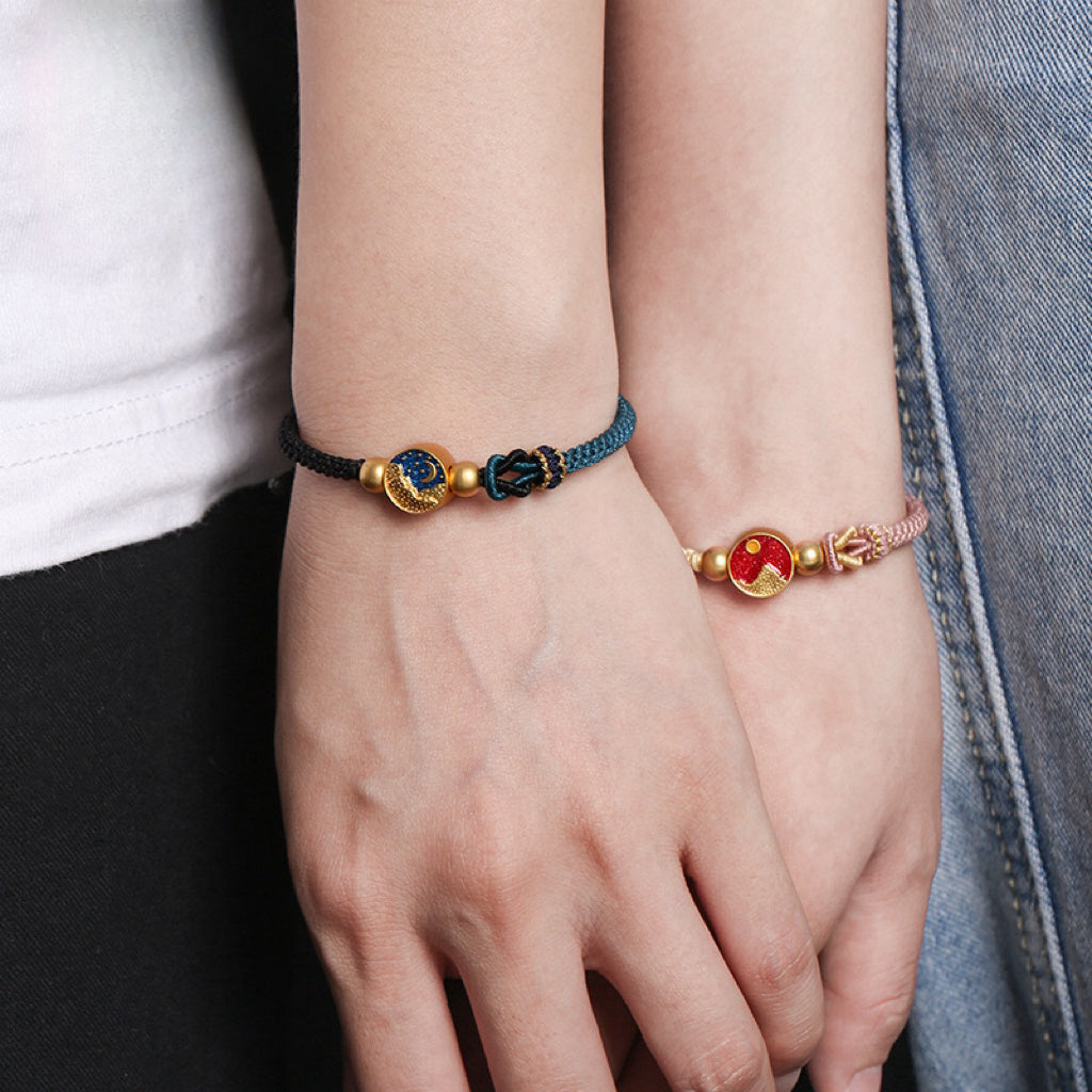 Bracelet Couple Lune et Soleil – Affinité Astrale, Fil Tibétain