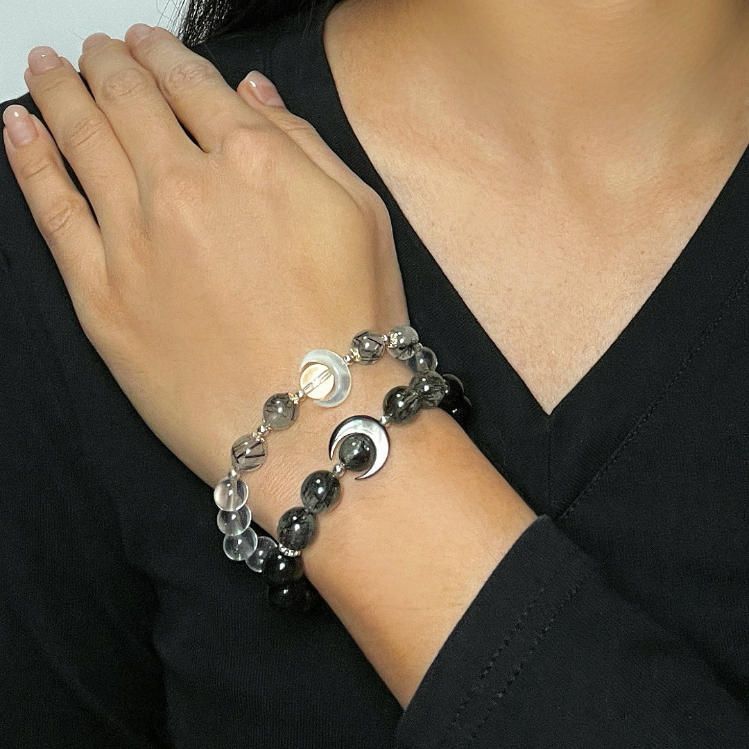 Obsidian and Rock Crystal Couple Bracelet – Night and Light