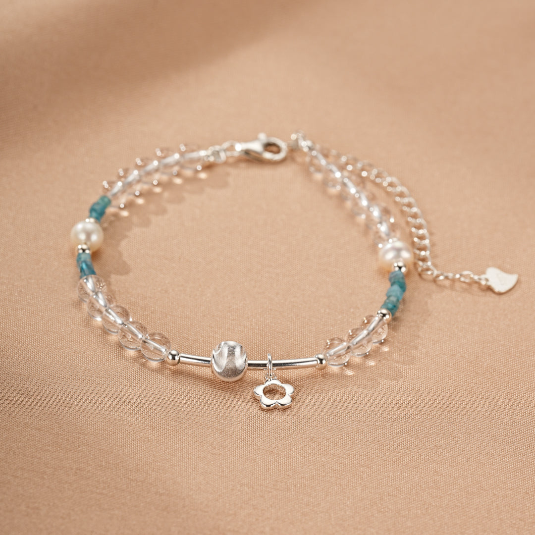 Clear Quartz and Apatite Bracelet – Joyful Wave, Silver
