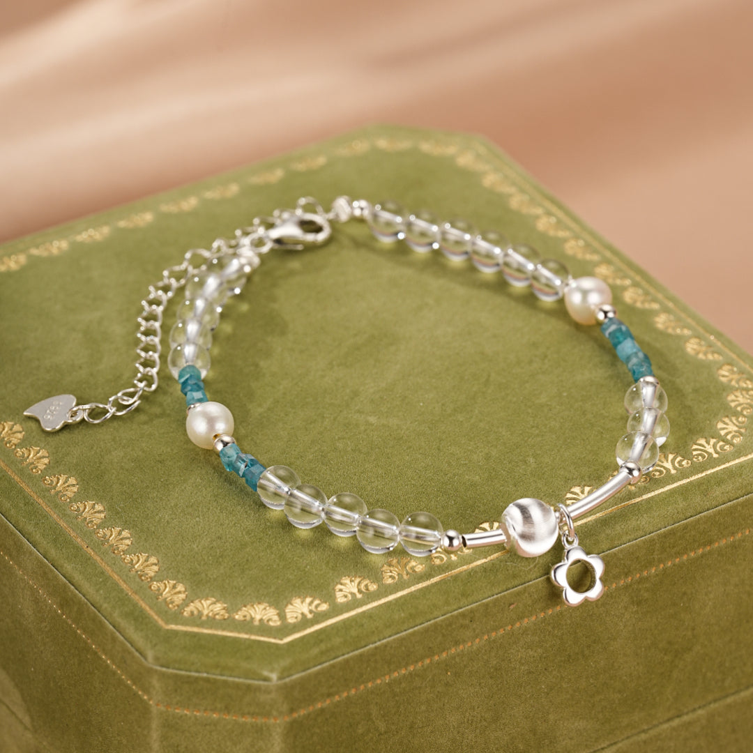 Clear Quartz and Apatite Bracelet – Joyful Wave, Silver