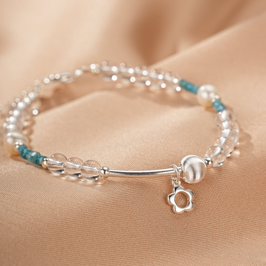 Clear Quartz and Apatite Bracelet – Joyful Wave, Silver