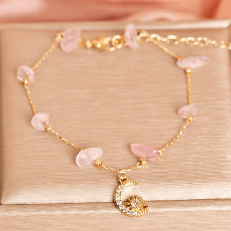 Bracelet de Cheville Aventurine et Quartz Rose – Danse Étoilée