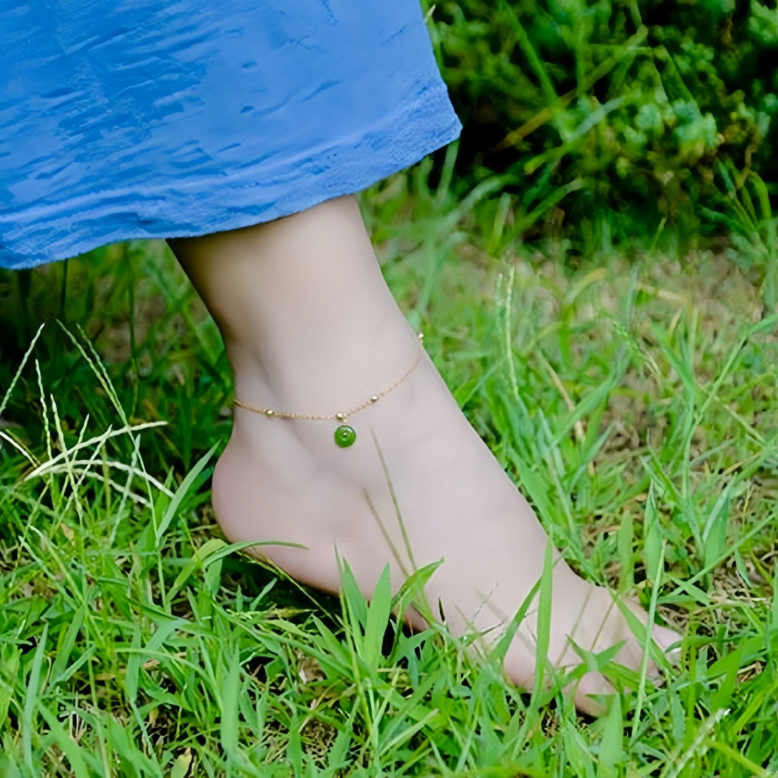 Bracelet de Cheville Jade – Paix et Harmonie, Argent Plaqué Or
