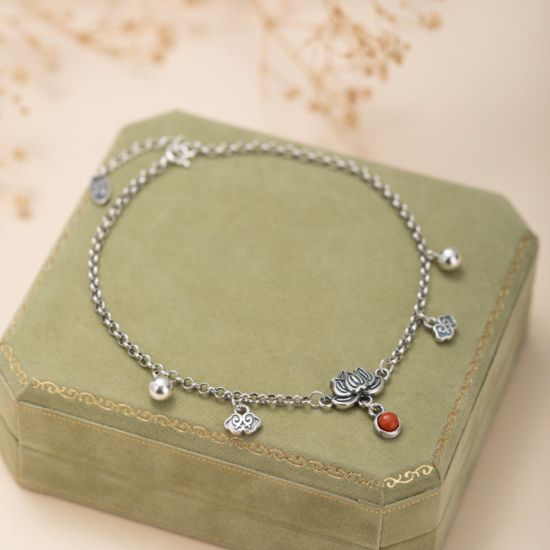 Bracelet de Cheville Lotus en Agate – Mer Enchantée, Argent