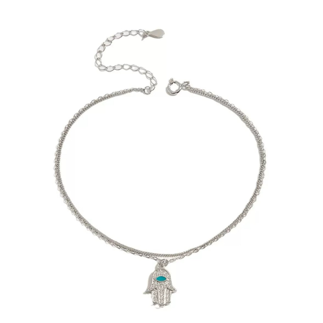 Bracelet de Cheville Main de Fatma – Protection Élégante, Argent 925