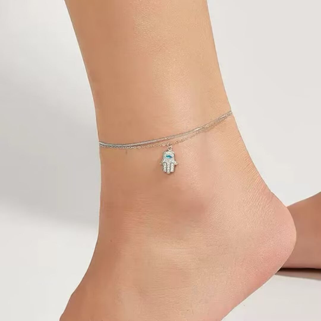 Bracelet de Cheville Main de Fatma – Protection Élégante, Argent 925