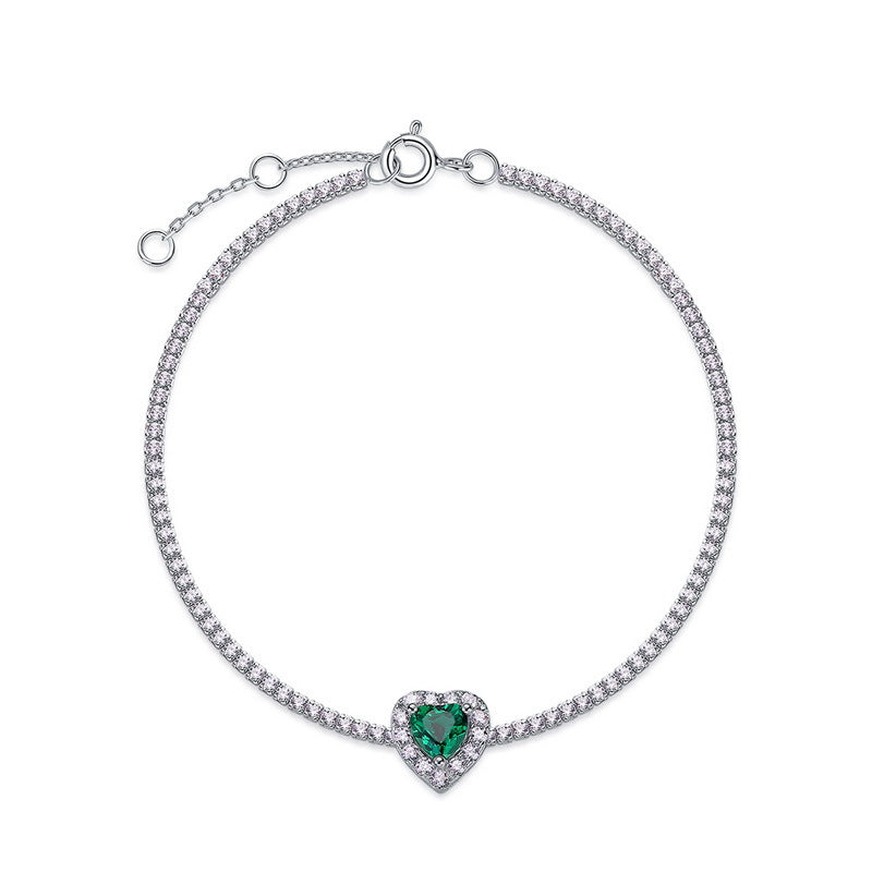 Bracelet tennis en argent 925 orné d'une émeraude en forme de cœur entourée de zirconiums