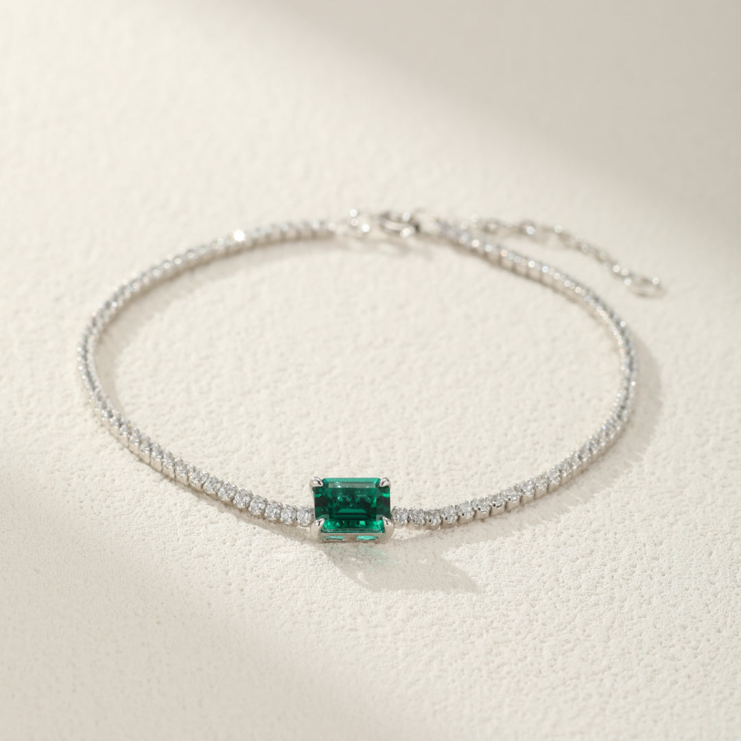 Bracelet Tennis Argent 925 - Émeraude & Topaze Blanche 4mm - Longueur 7,25 Pouces - Neuf Sans Emballage