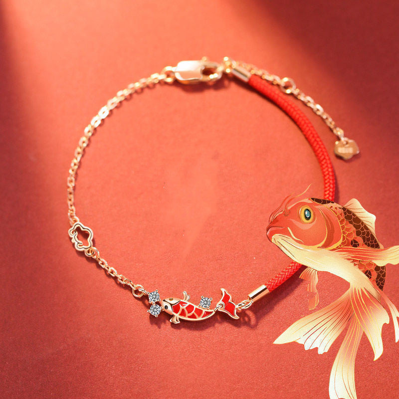 Bracelet Fil Rouge avec Carpe Koï – Chance, Argent 925