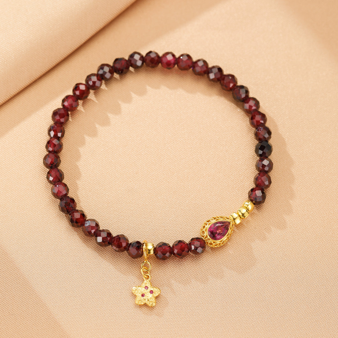 Bracelet Grenat – Fleur d’Âme, Argent Plaqué Or