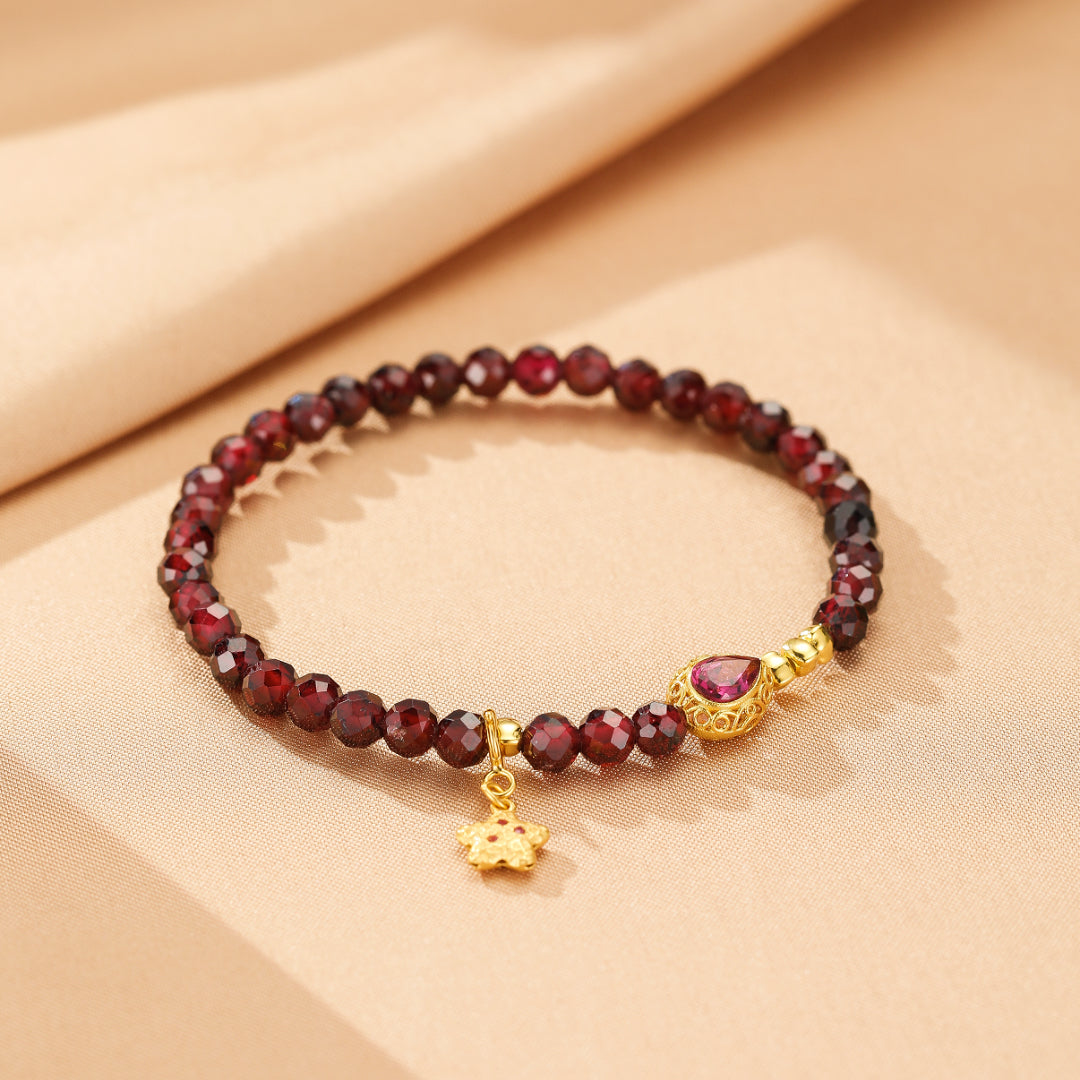 Bracelet Grenat – Fleur d’Âme, Argent Plaqué Or