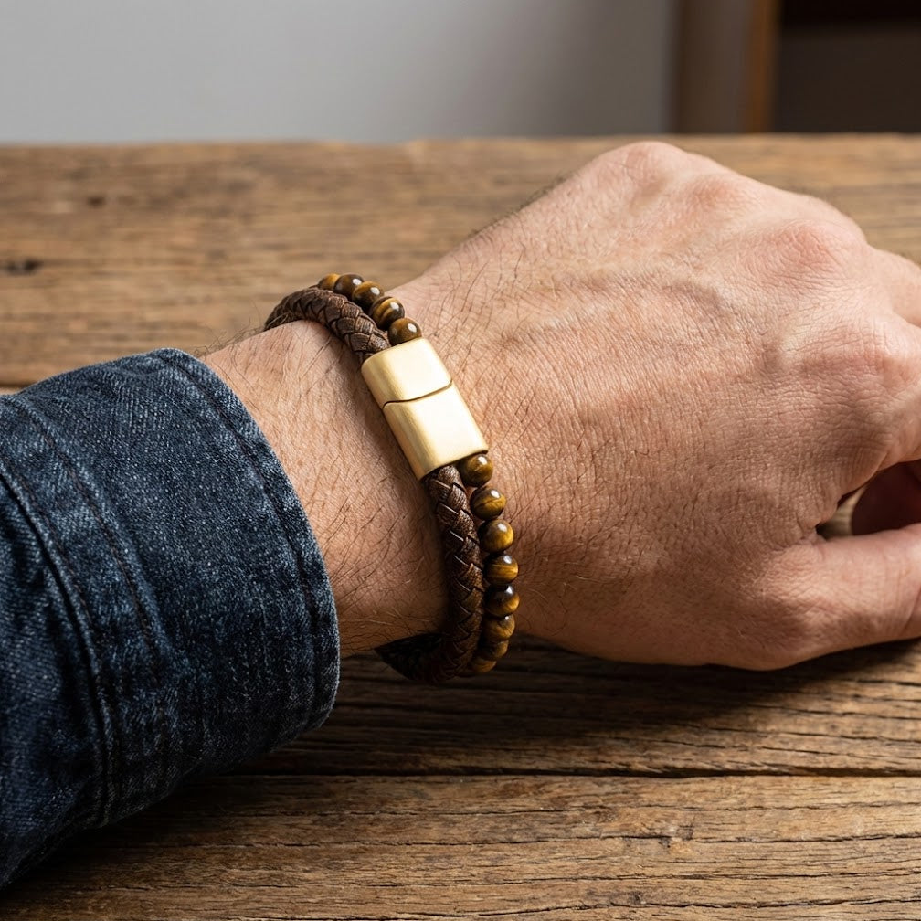 Bracelet homme en cuir marron tressé avec perles œil de tigre et fermoir magnétique doré, porté au poignet.