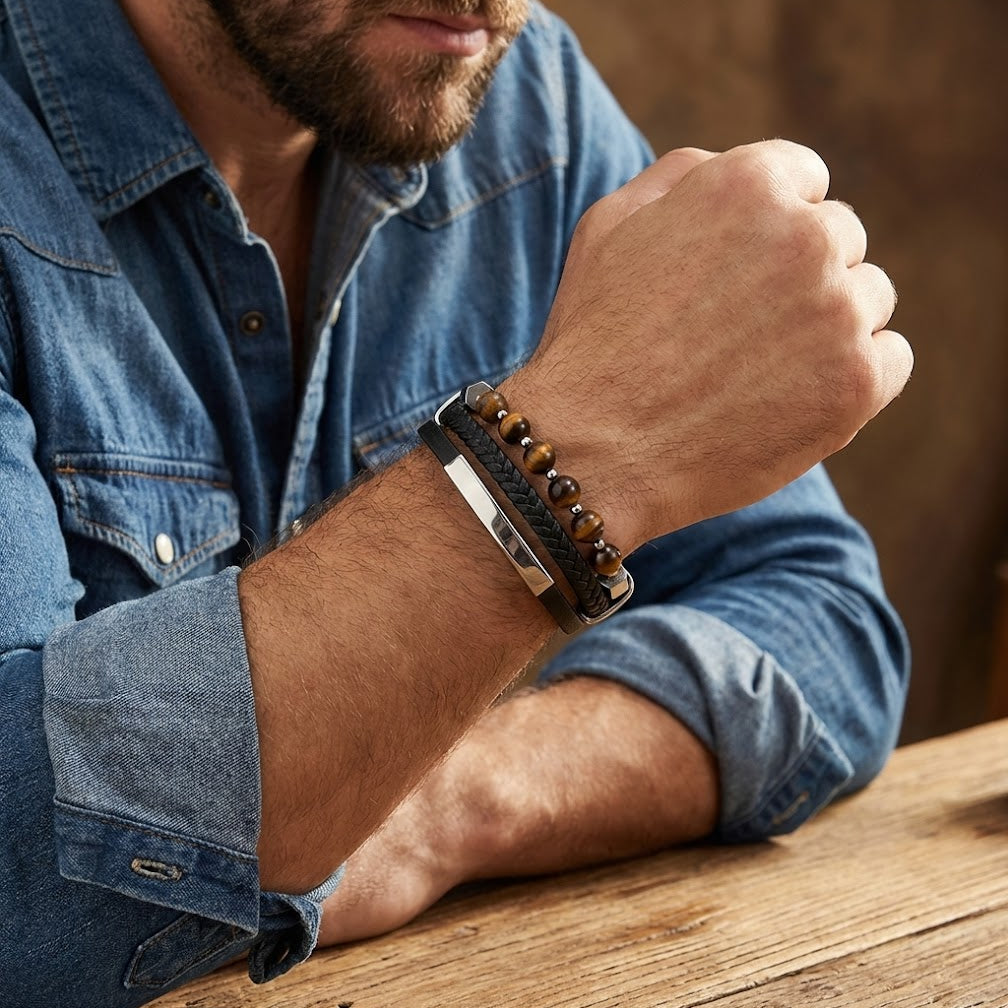 Bracelet homme en cuir noir tressé et perles œil de tigre, avec une barre argentée polie, porté au poignet.