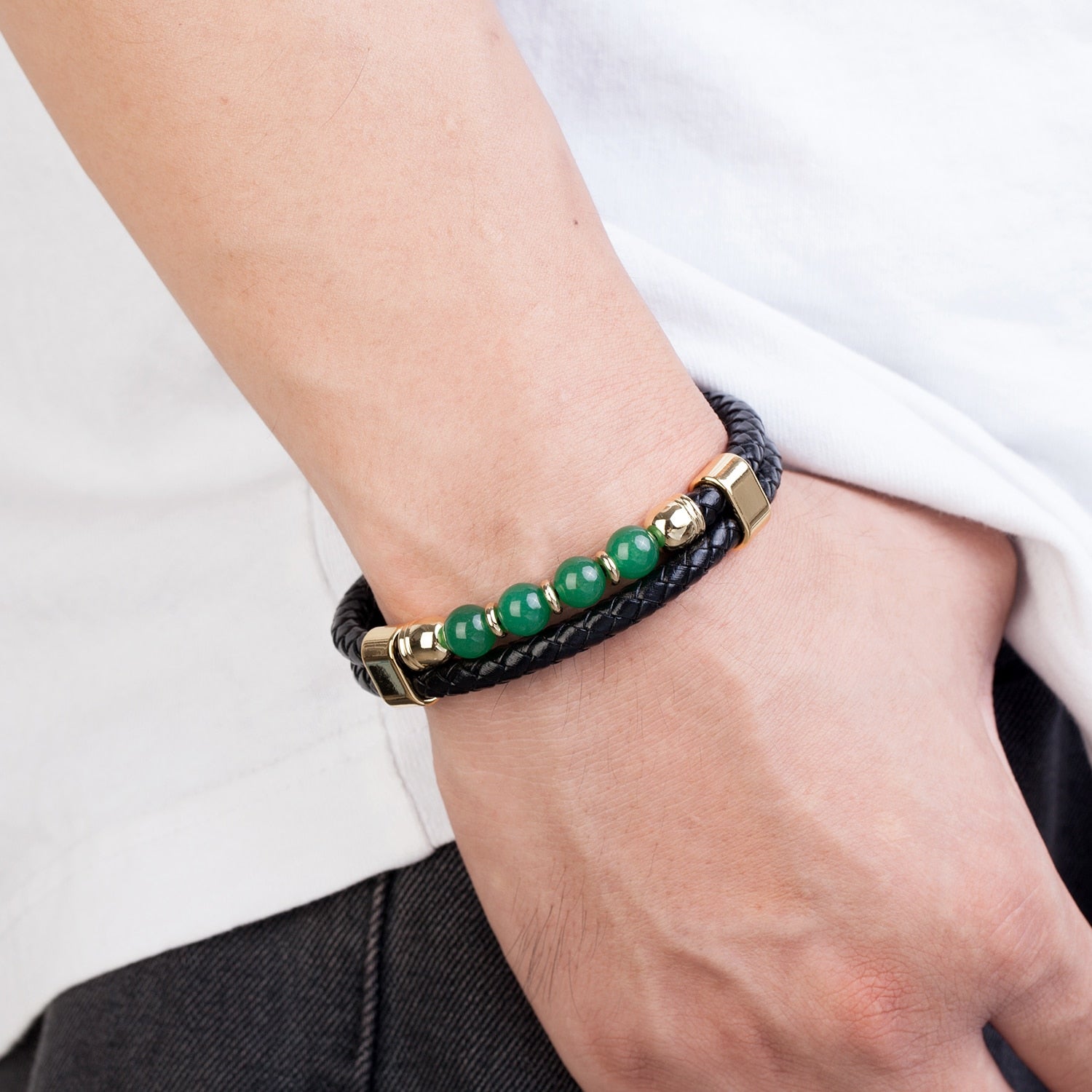 Bracelet Homme en Cuir et Jade – Puissance