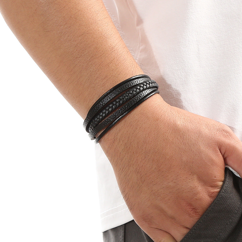 Bracelet multicouche en cuir tressé noir pour homme, modèle Vital
