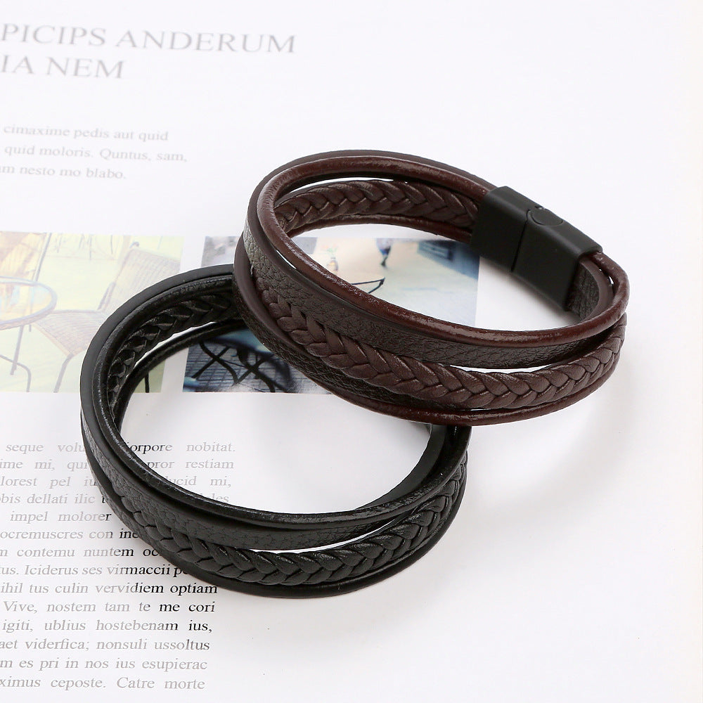 Bracelet homme enveloppant en cuir tressé noir et marron avec fermoir magnétique