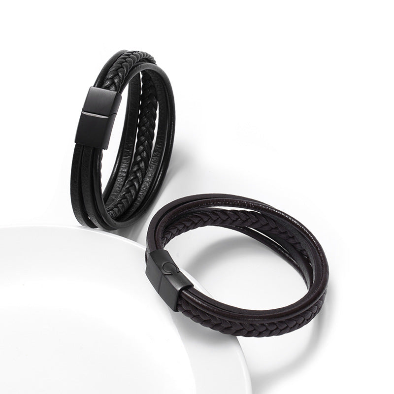 Bracelet homme enveloppant 'Vital' en cuir noir et marron avec fermoir magnétique