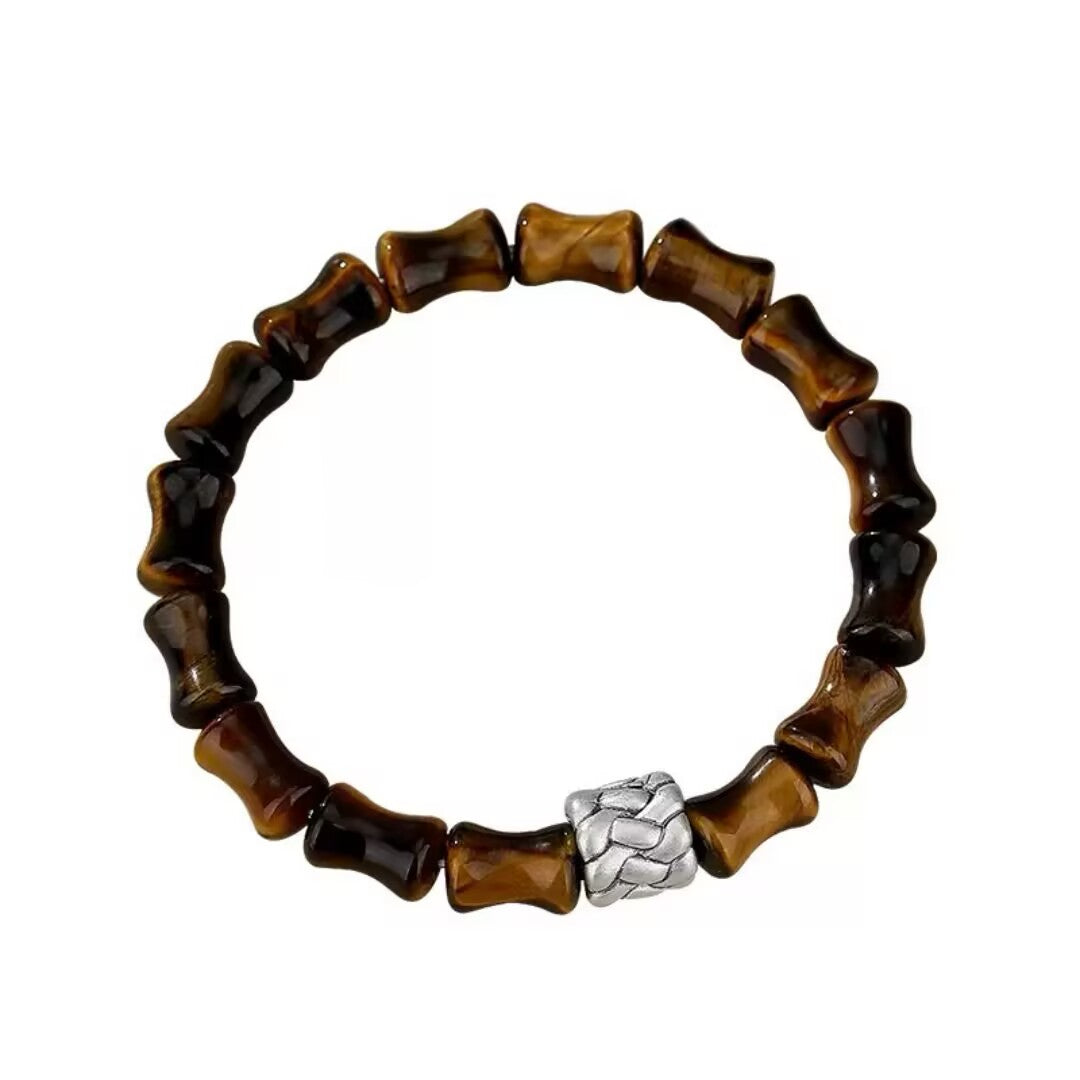 Bracelet homme en œil de tigre avec perles forme bambou et fermoir argent tressé