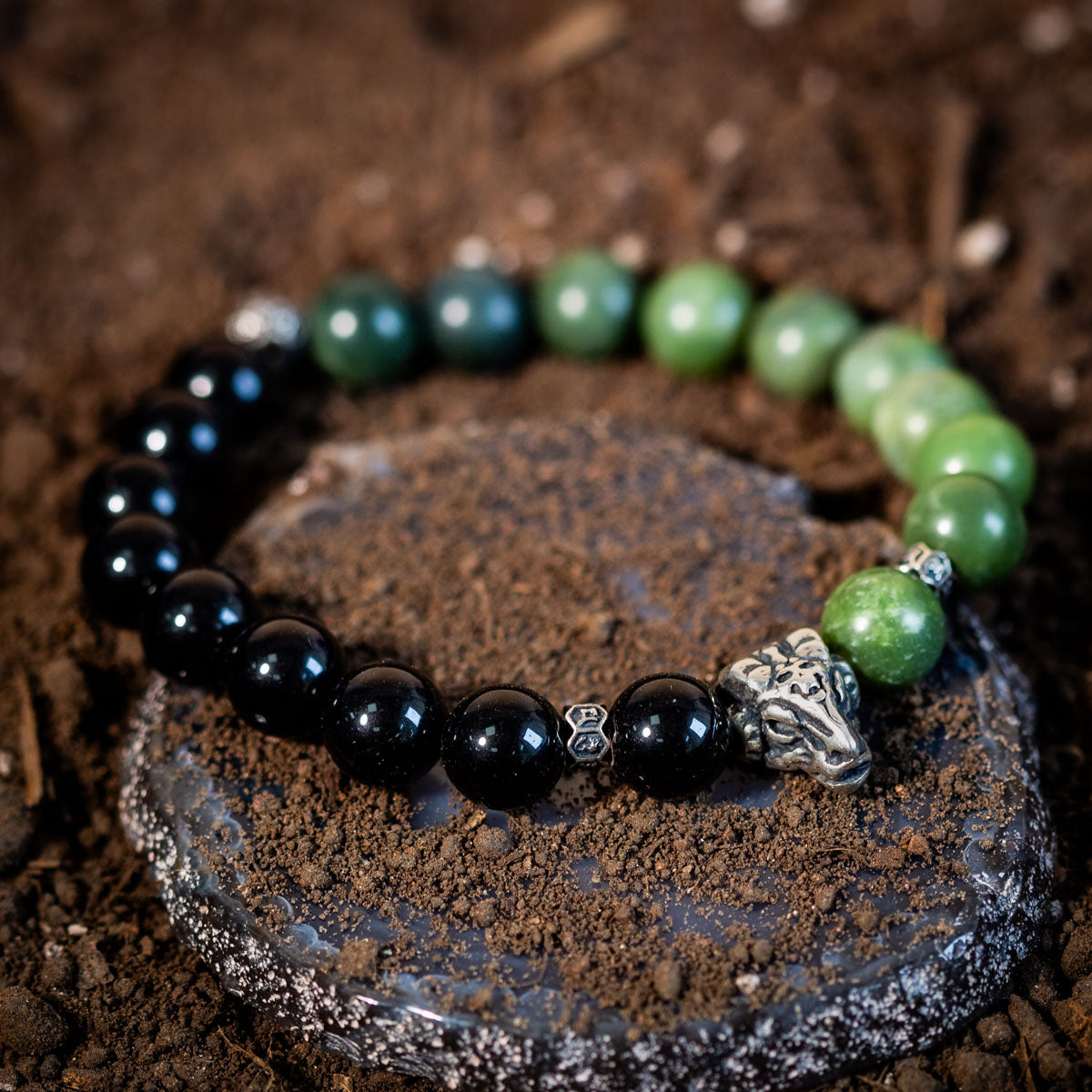 Bracelet Homme Ethnique Perles Jade Vert Et Noir Acier Inoxydable - Neuf