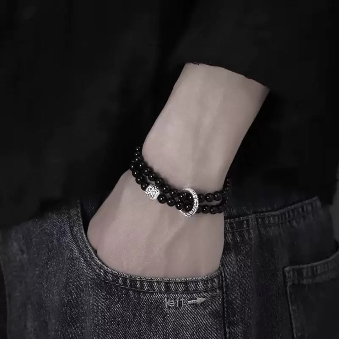 Men's Obsidian Bracelet – Ancestral Duality, 999 Silver