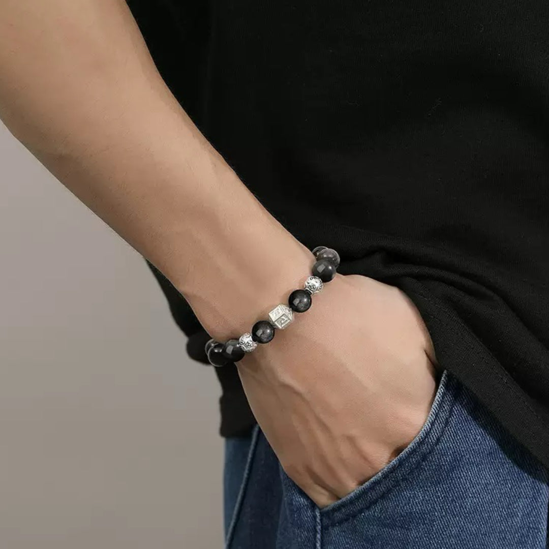 Men's Obsidian Bracelet – Tibetan Harmony, Silver