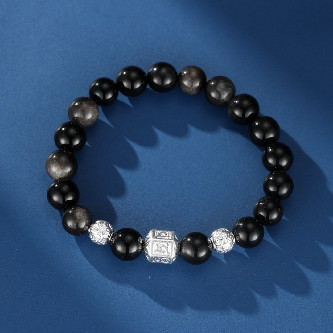 Men's Obsidian Bracelet – Tibetan Harmony, Silver