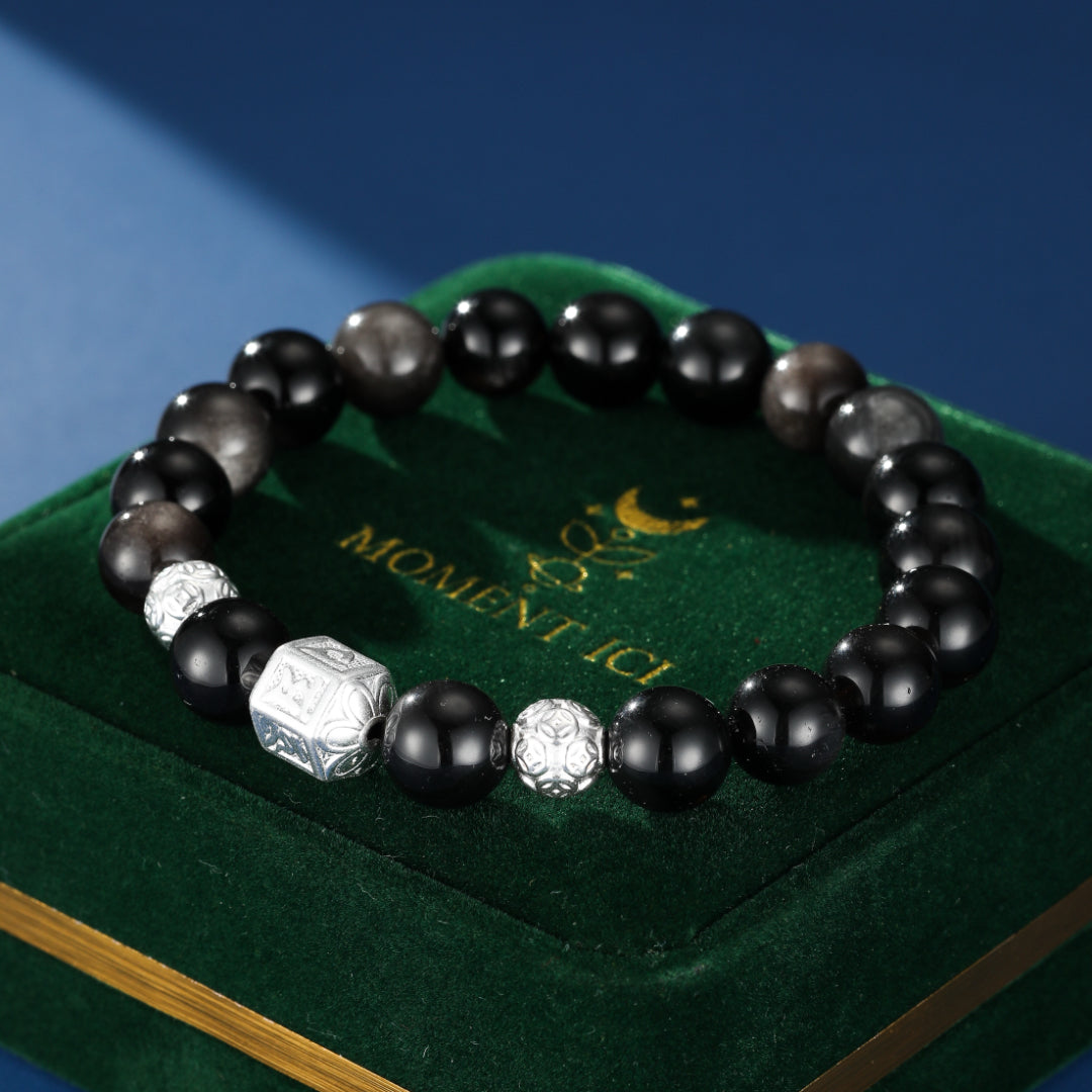 Men's Obsidian Bracelet – Tibetan Harmony, Silver