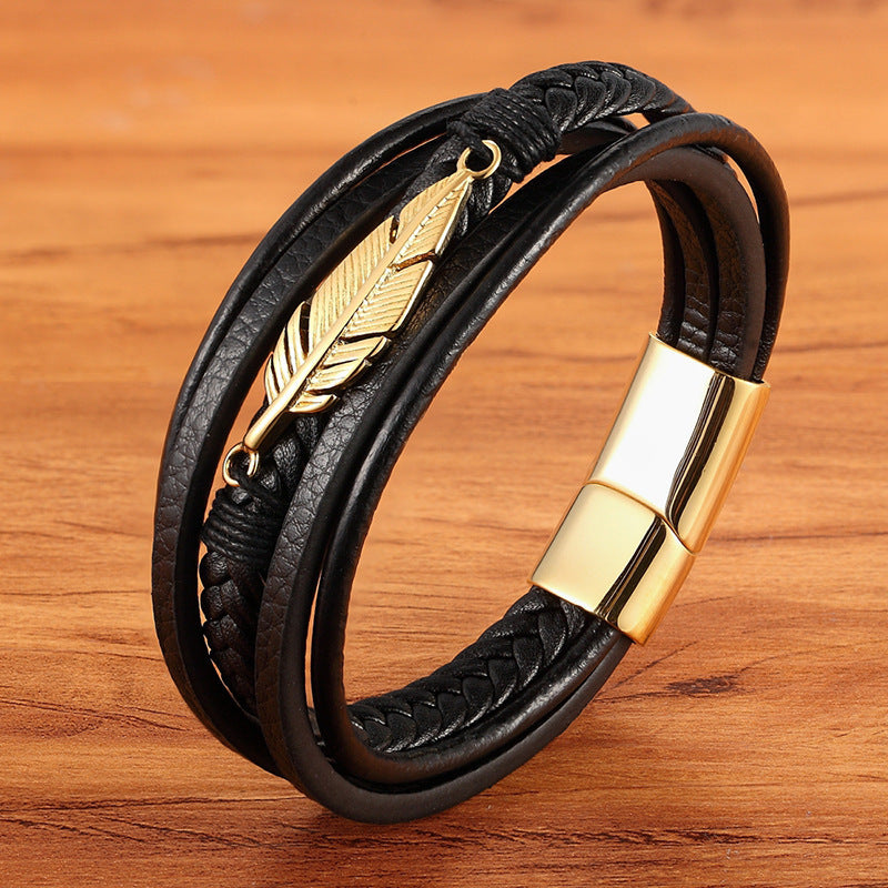 Men's 'Feather' Wrap Bracelet in Leather