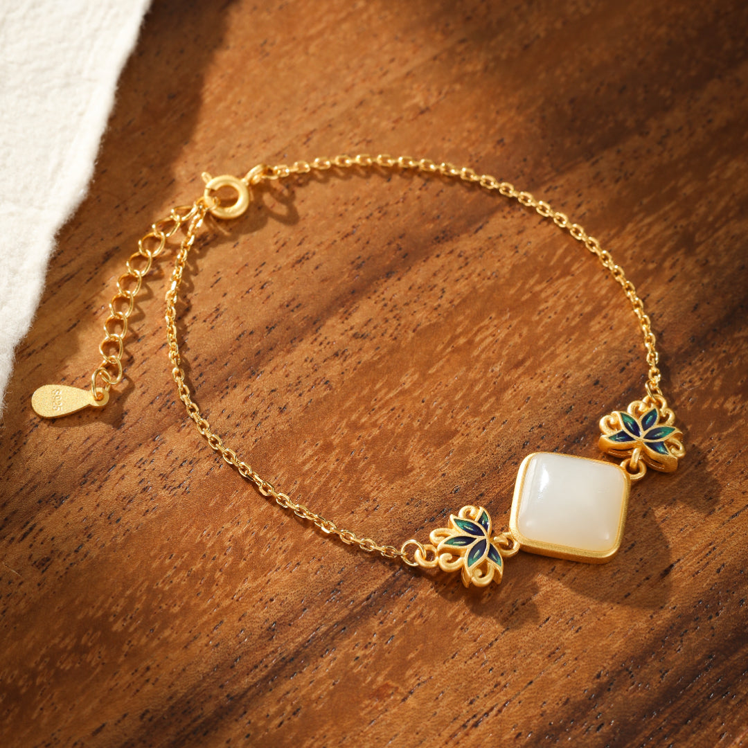 White Jade Bracelet – Blue Lotus Awakening, Gold Plated Silver