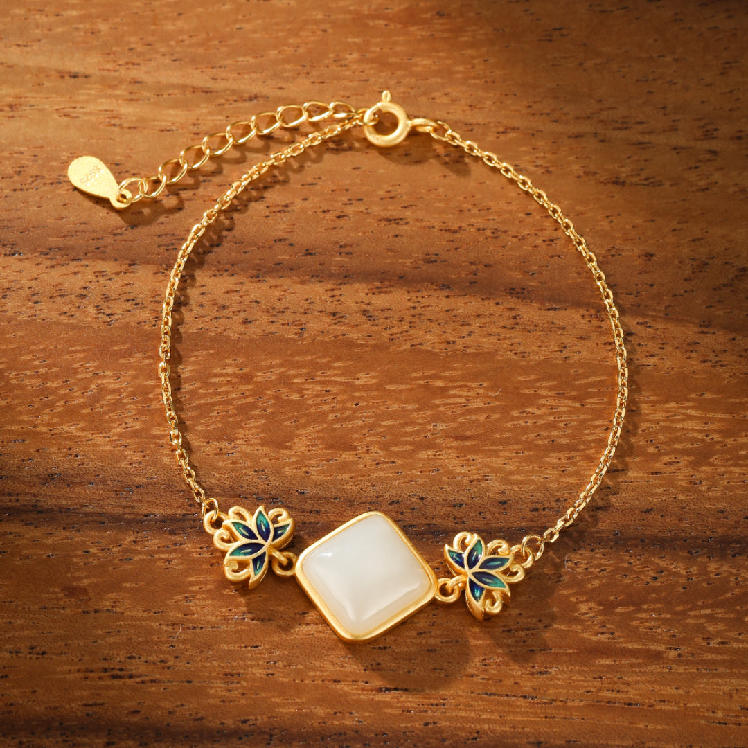 White Jade Bracelet – Blue Lotus Awakening, Gold Plated Silver