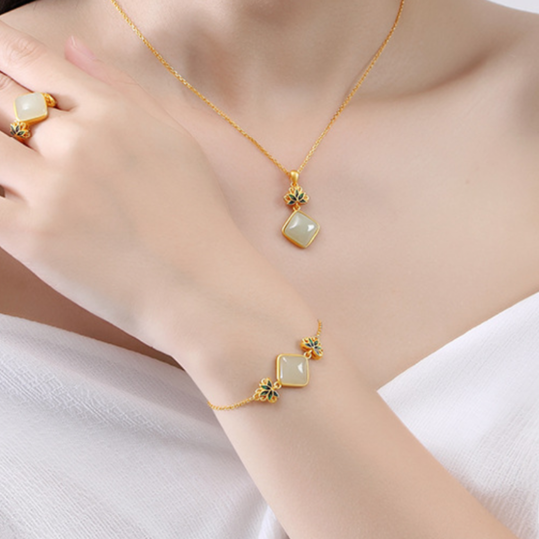 White Jade Bracelet – Blue Lotus Awakening, Gold Plated Silver