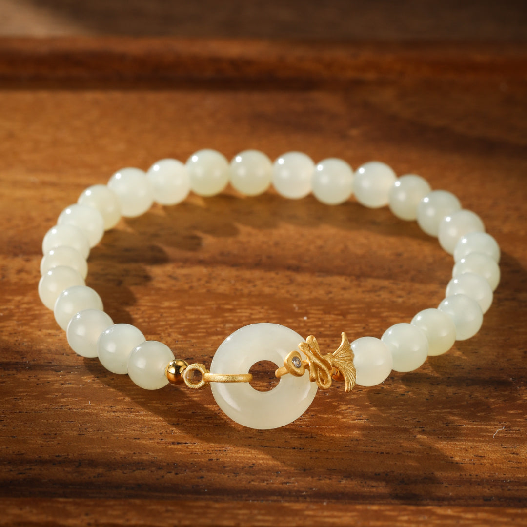 White Jade Bracelet – Carnation Grace, Gold Plated Silver