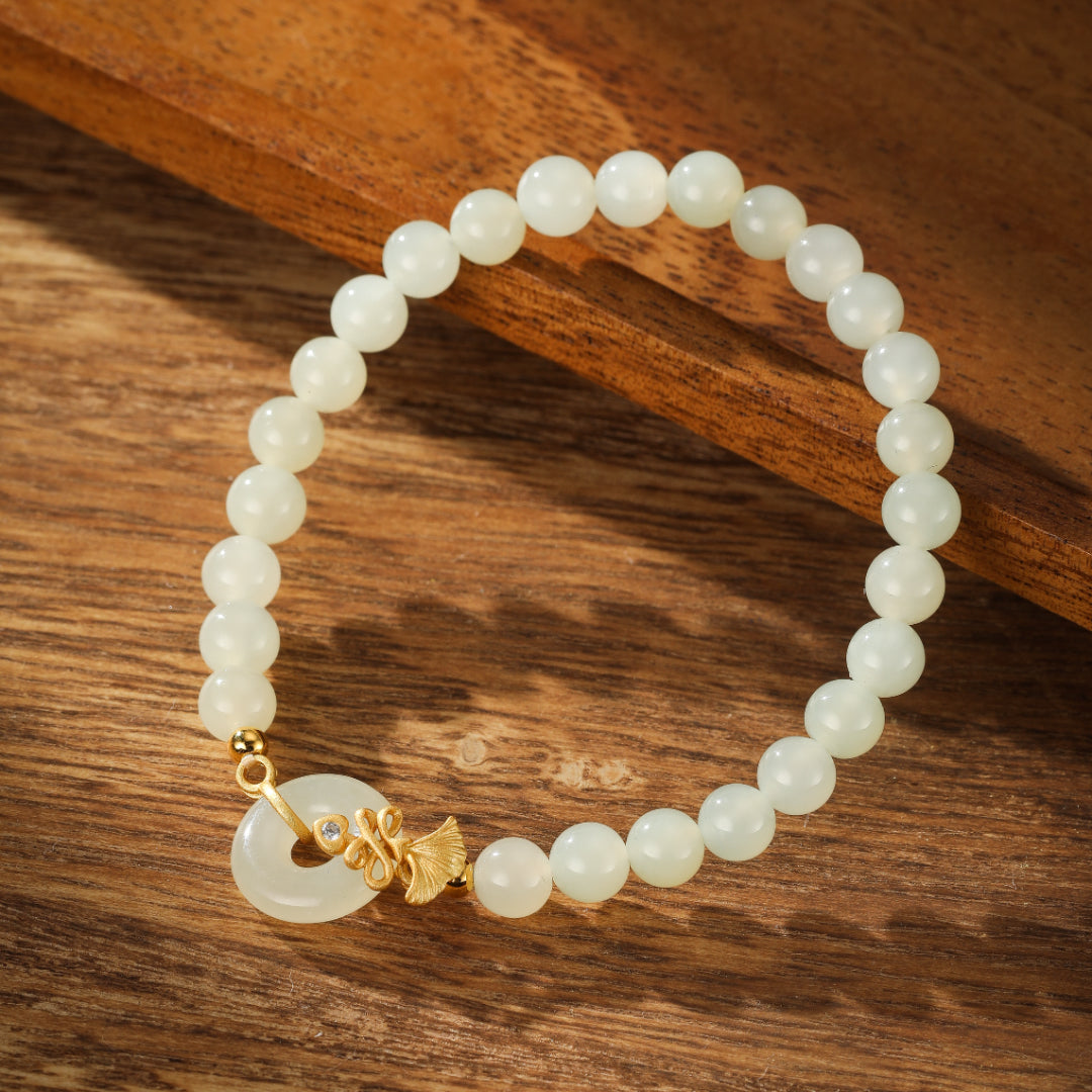 White Jade Bracelet – Carnation Grace, Gold Plated Silver