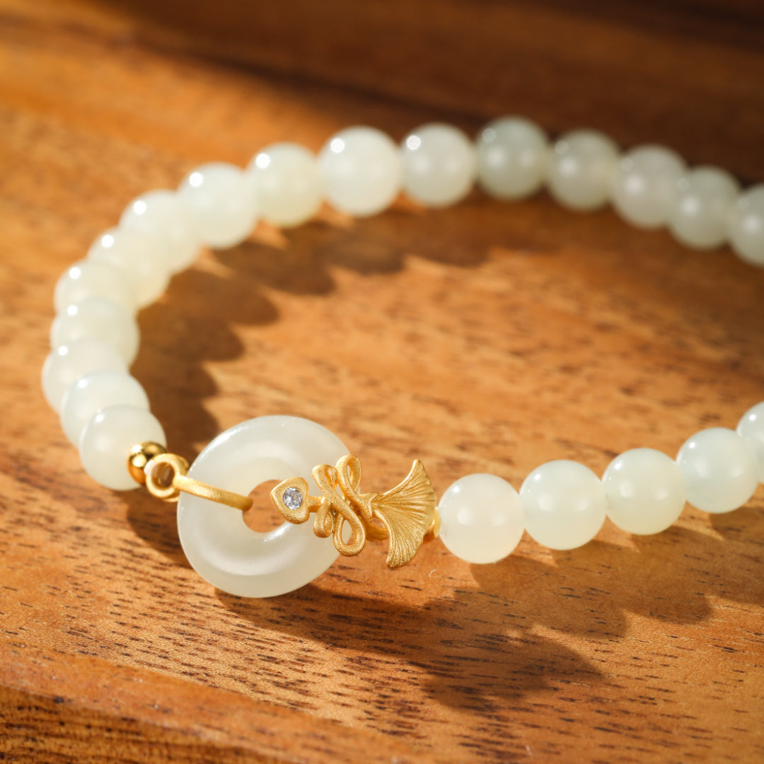 White Jade Bracelet – Carnation Grace, Gold Plated Silver