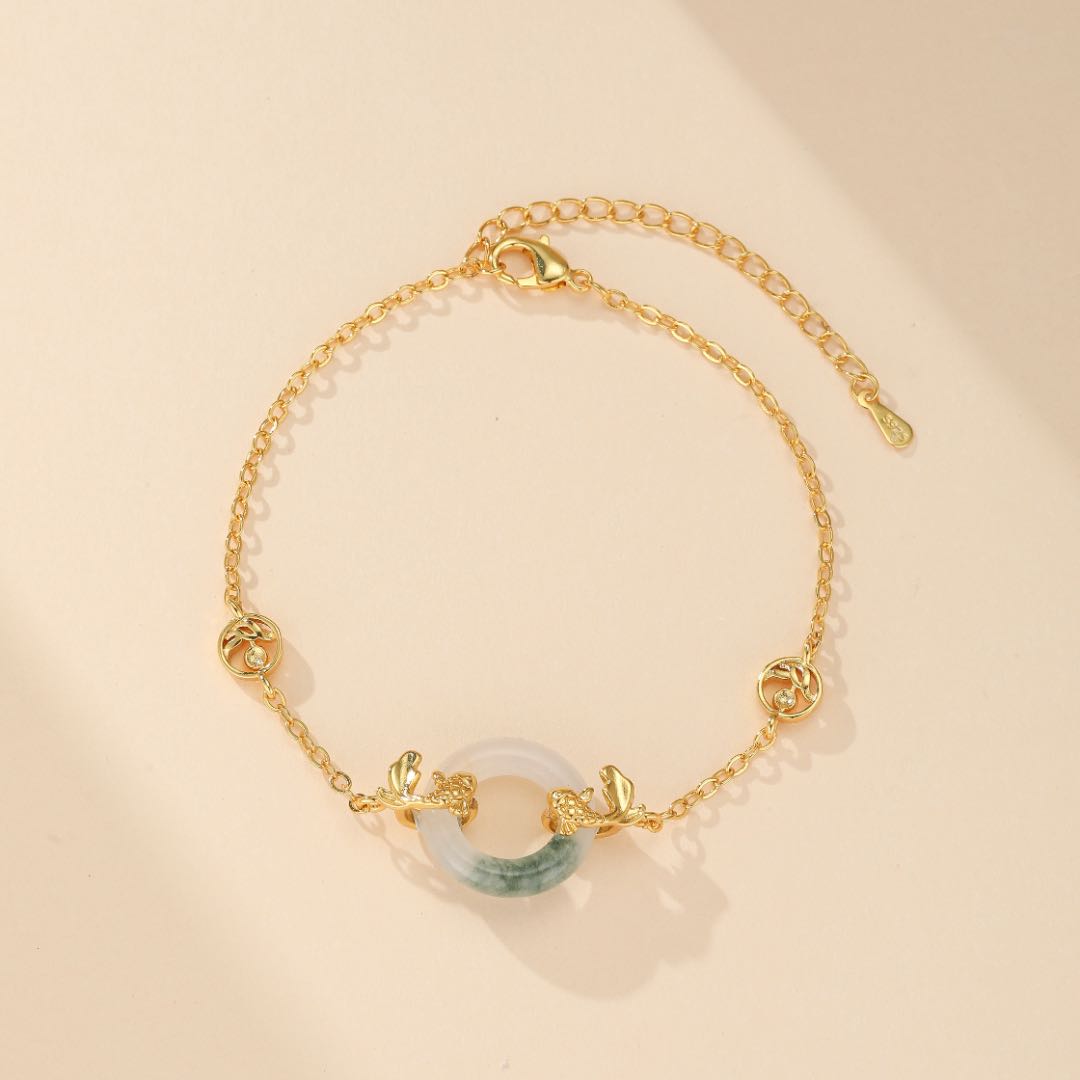 Jade and Koi Carp Bracelet – Charm of Abundance, Gold Plated