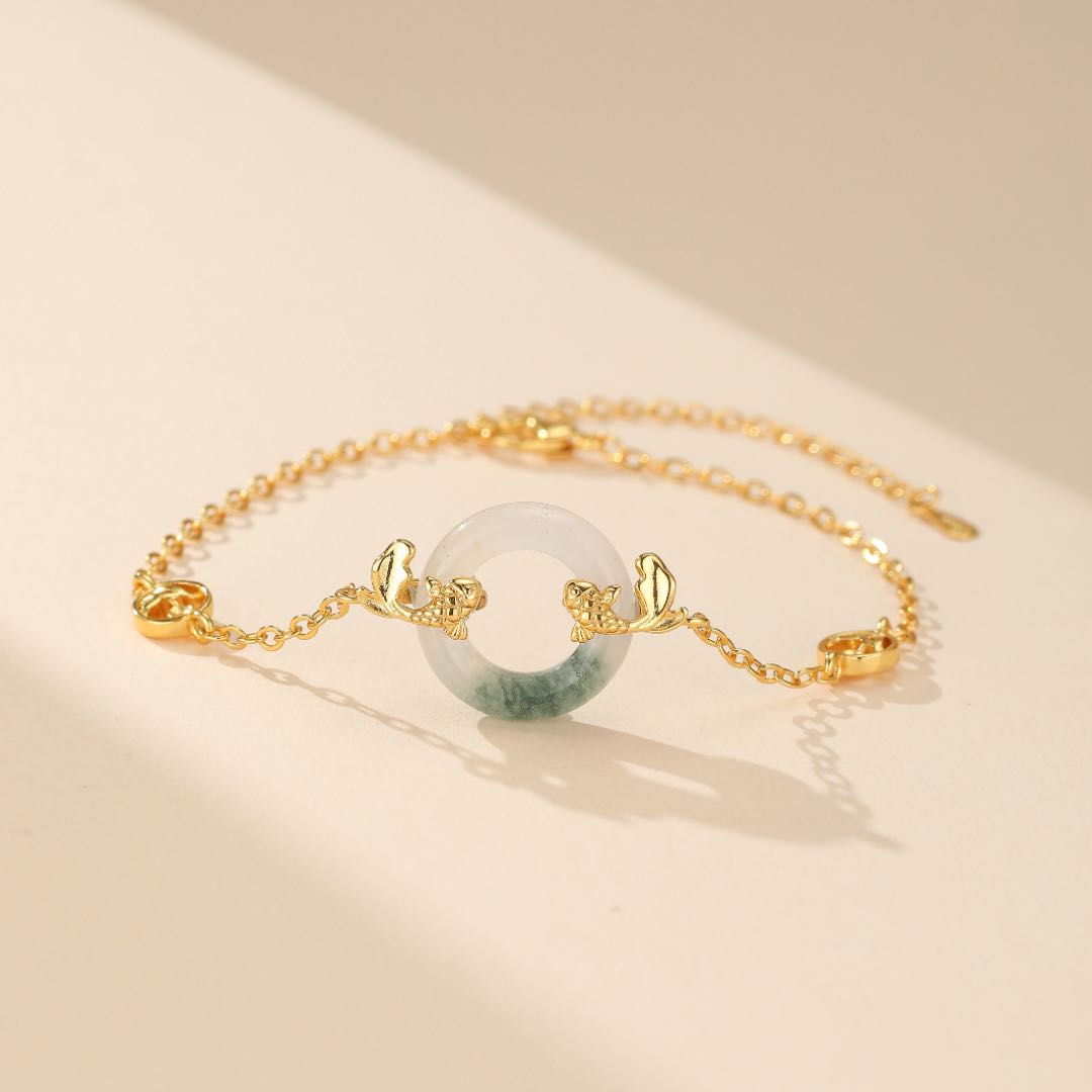 Jade and Koi Carp Bracelet – Charm of Abundance, Gold Plated