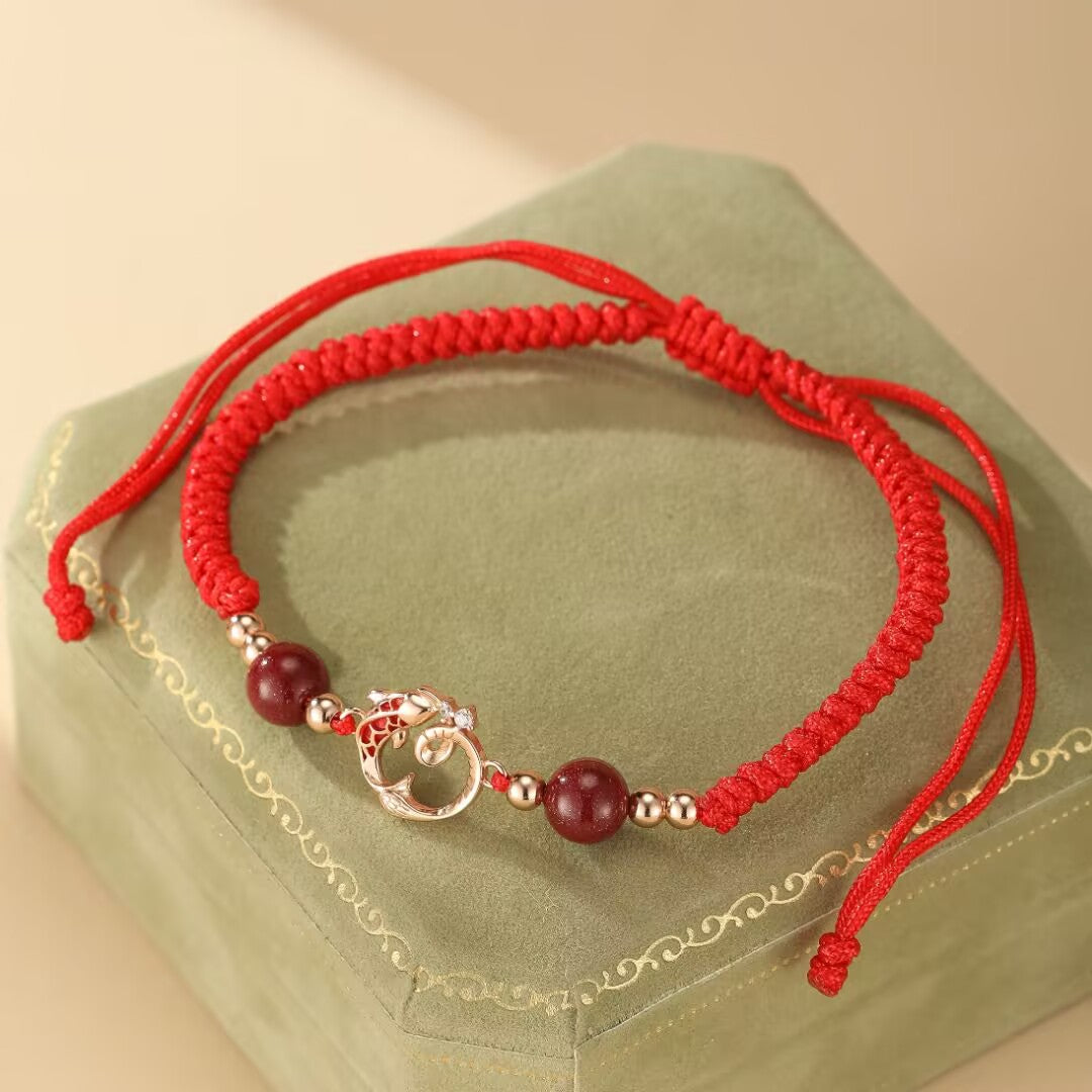 Bracelet Jade et Cinabre – Serpent de Fortune, Argent Plaqué Or