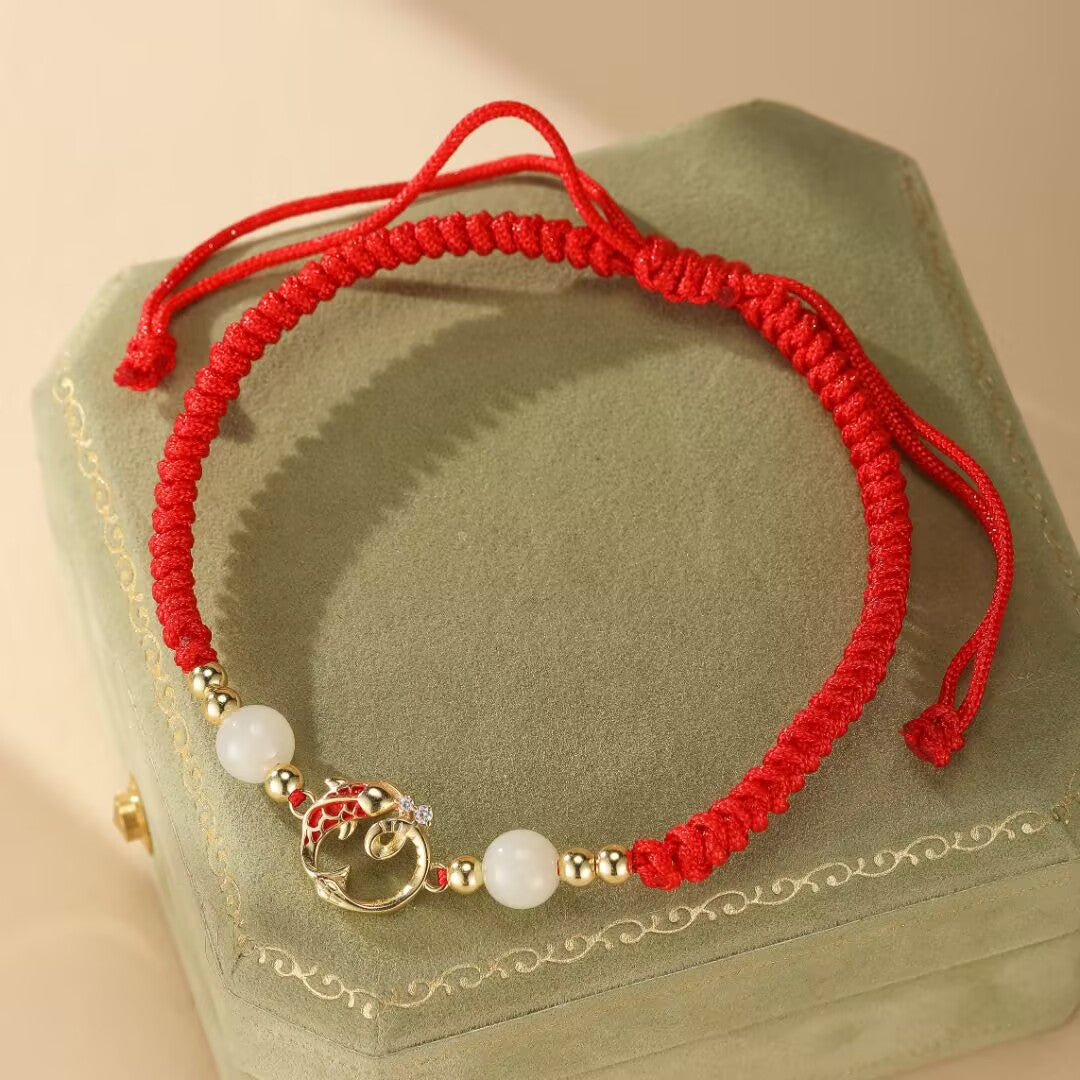 Bracelet Jade et Cinabre – Serpent de Fortune, Argent Plaqué Or