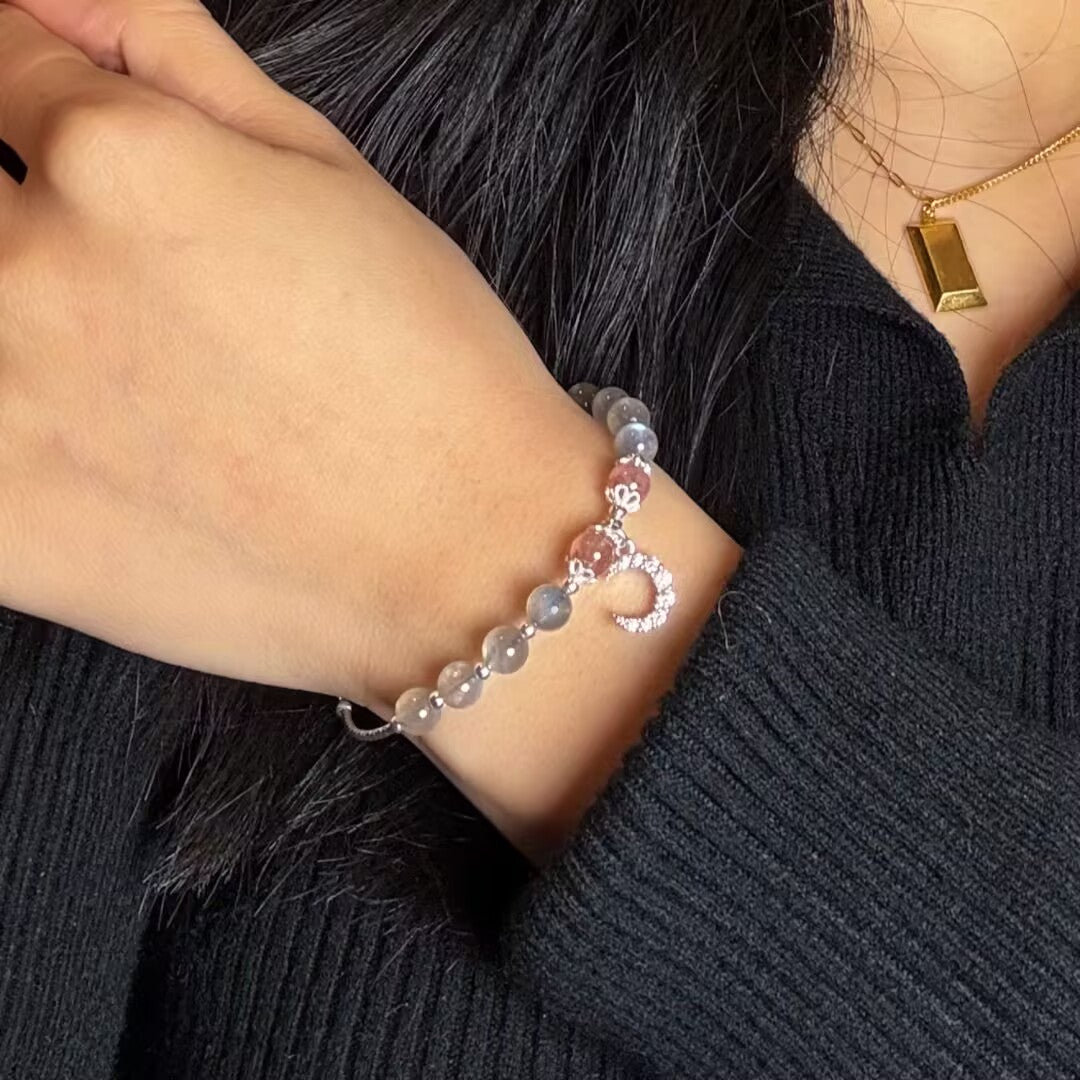 Labradorite and Strawberry Quartz Bracelet – Rosy Enchantment, Silver