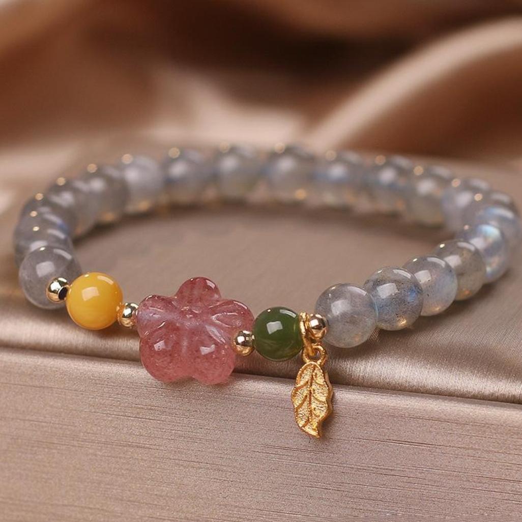 Bracelet Labradorite et Quartz Fraise – Feuille Dorée