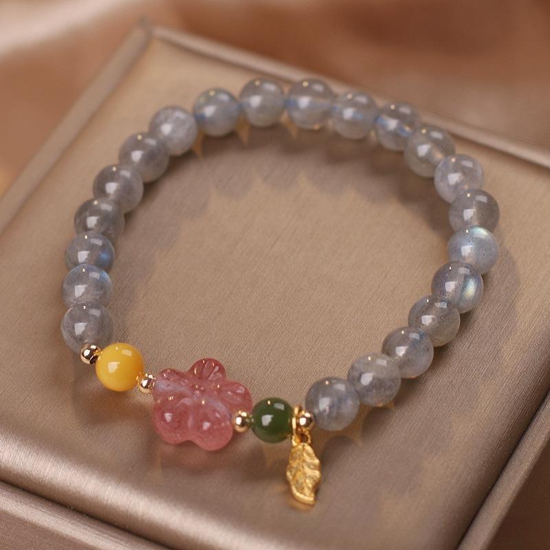 Bracelet Labradorite et Quartz Fraise – Feuille Dorée