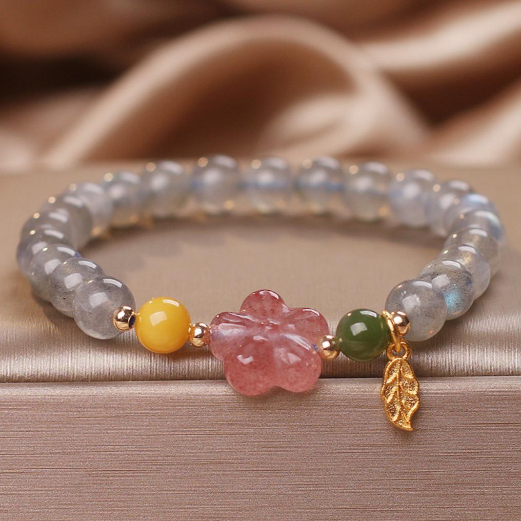 Bracelet Labradorite et Quartz Fraise – Feuille Dorée