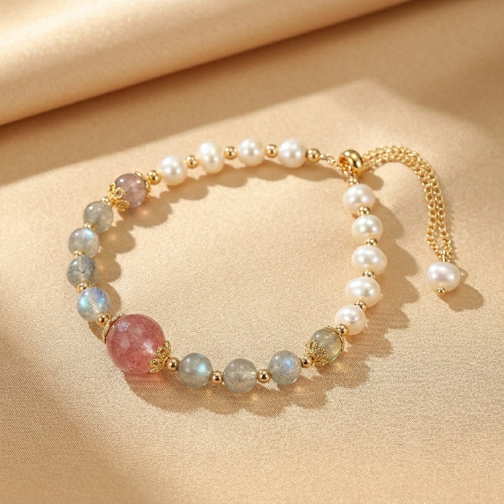 Bracelet fin "Aura Lumineuse" orné de perles de labradorite grises, d'une grosse pierre rose de quartz fraise, de perles d'eau douce blanches et de petites perles dorées, avec une chaîne réglable terminée par une perle.